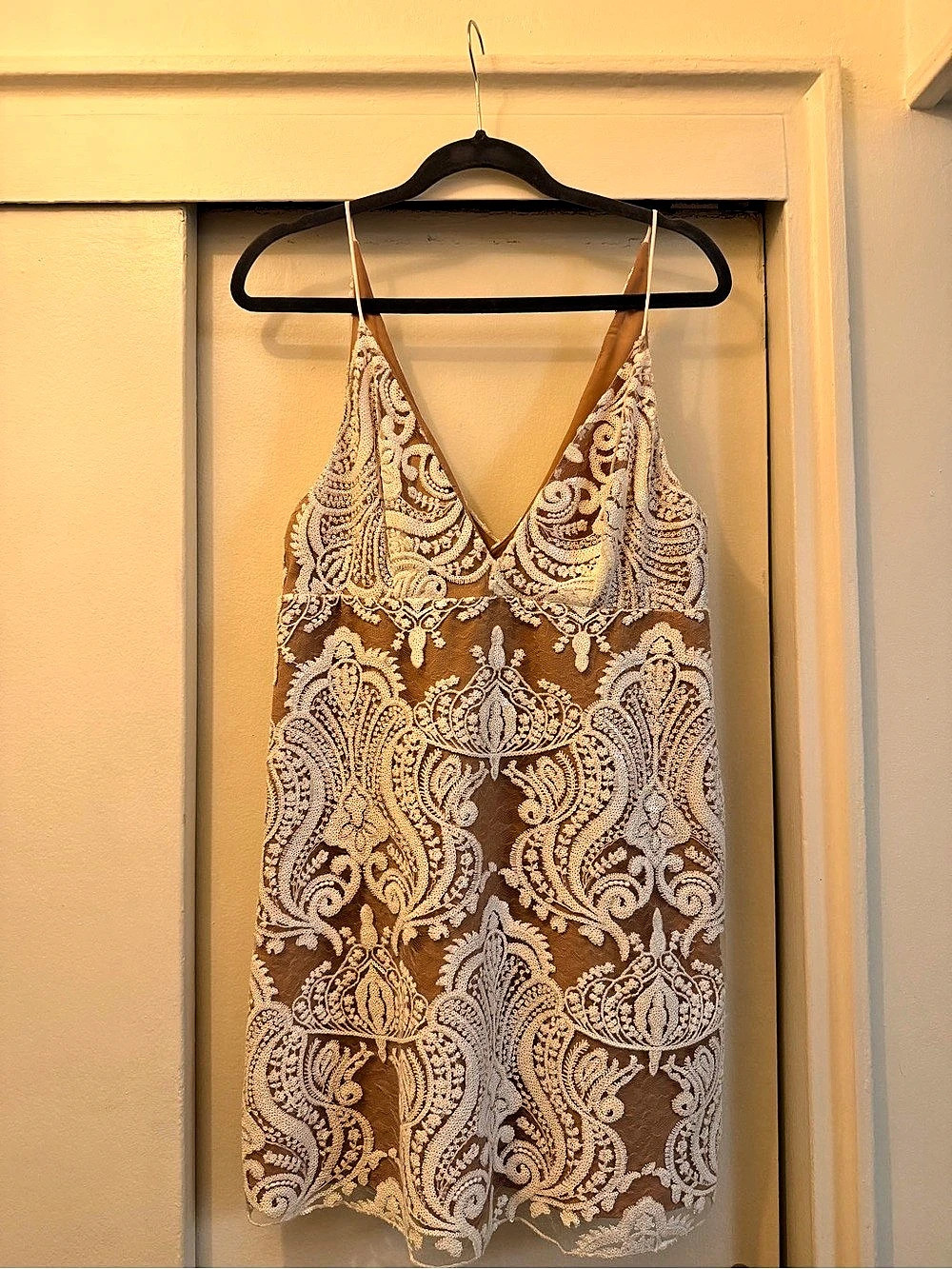 Free People Night Shimmer Mini Dress Paisley Sequin Nude & White NWT